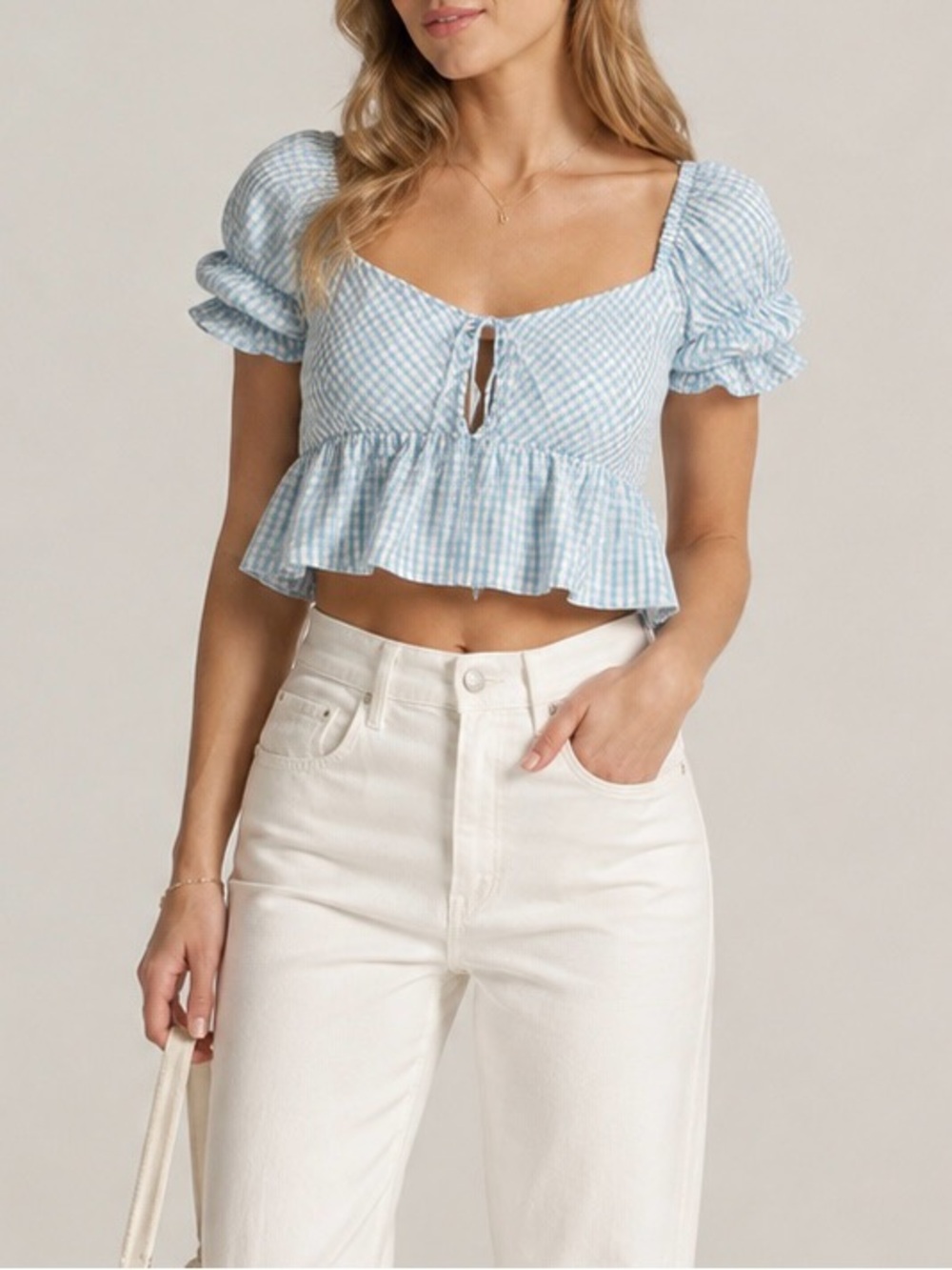 Idem Ditto Light Blue Gingham Puff Sleeve Crop Top with Ruffle Hem